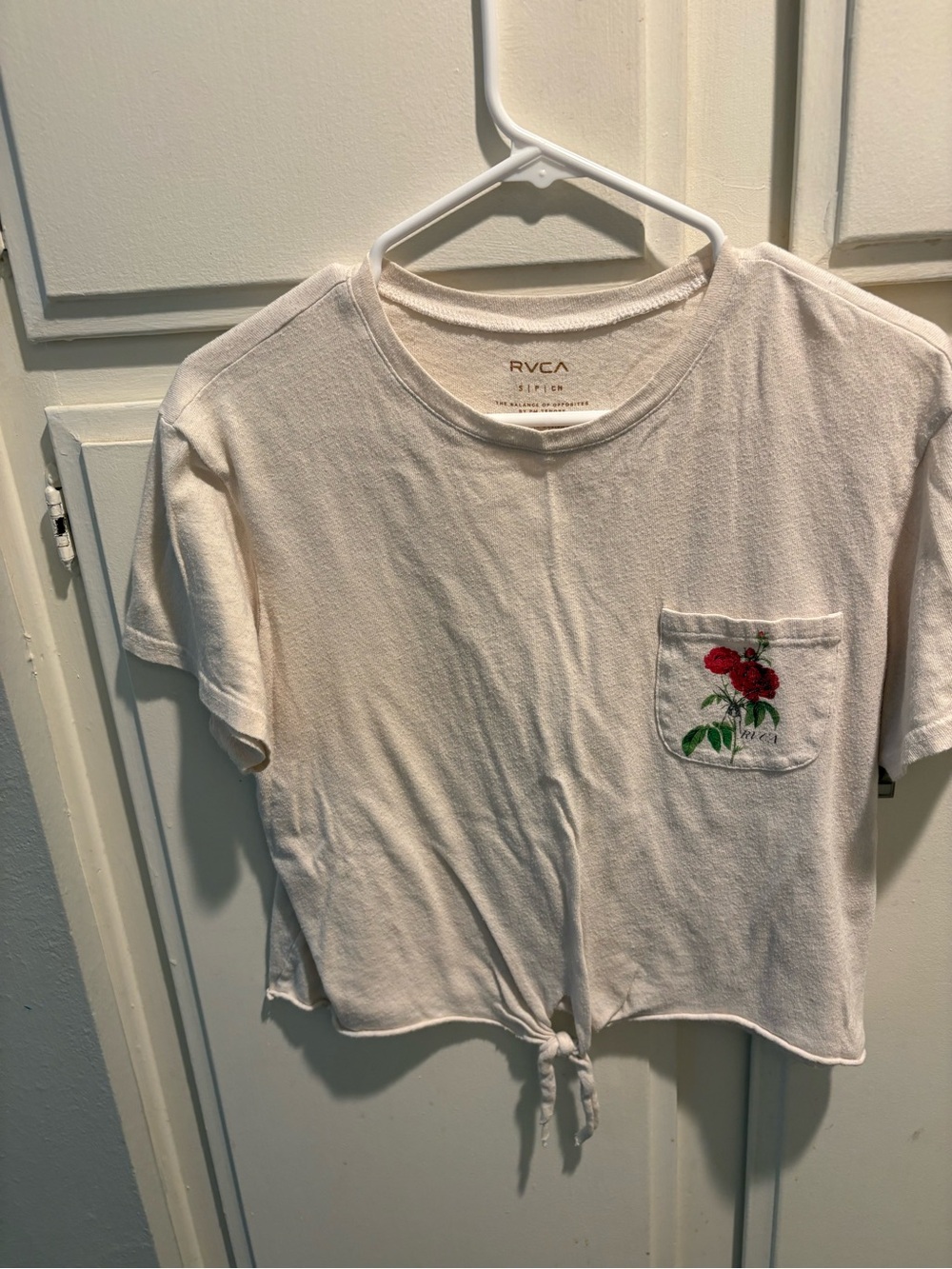 RVCA Cream Short-Sleeve Tie-Front Tee with Red Rose Pocket